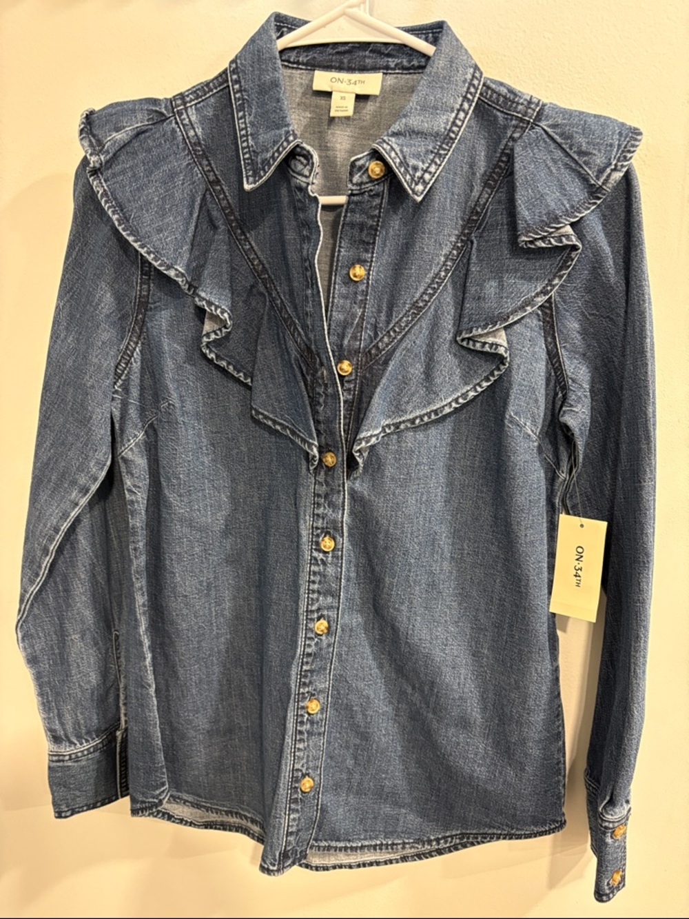 ON·34TH Women's Indigo Denim Ruffle Button-Front Shirt - XS